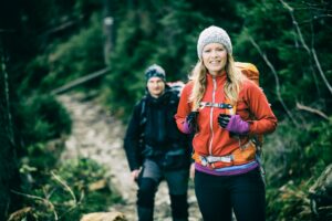 Couple hikers walking hiking